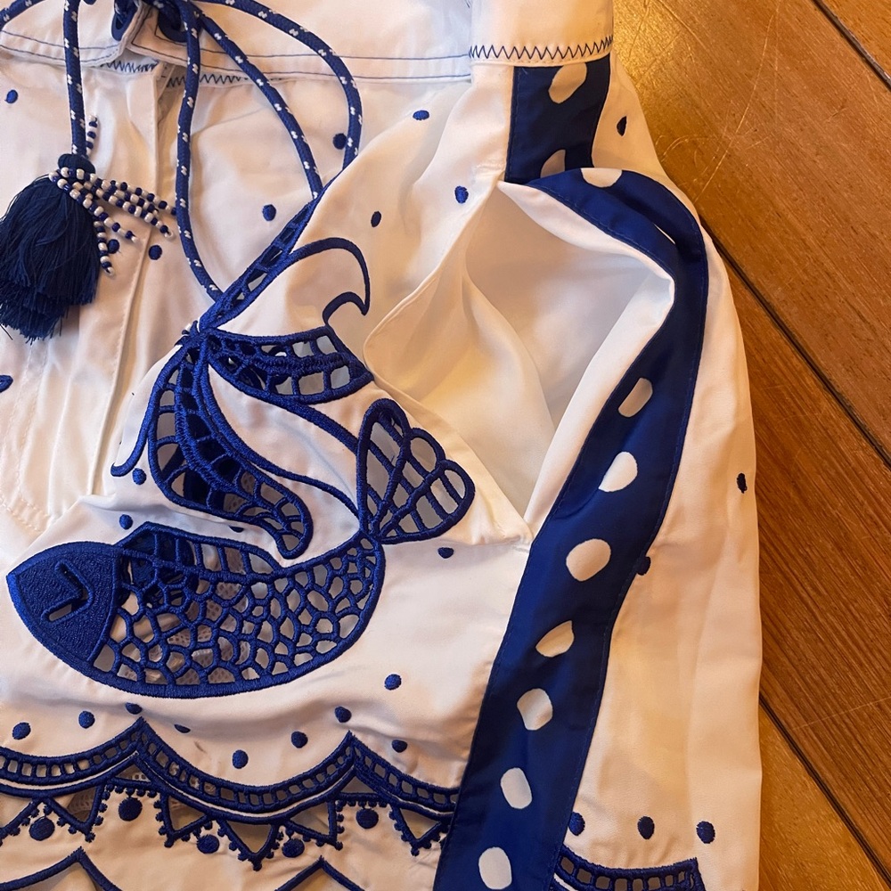 Farm Rio Artisanal Embroidered Resortwear/Beach Shorts Blue White XS Tassel Tie - Picture 7 of 16